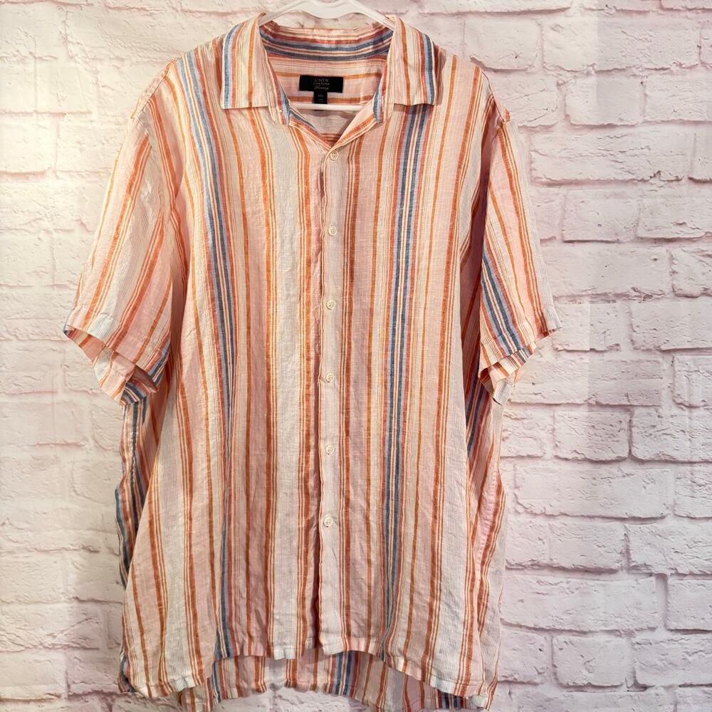 Club Room Linen Luxury 100% Linen Orange/blue/cream striped men’s button up XXL